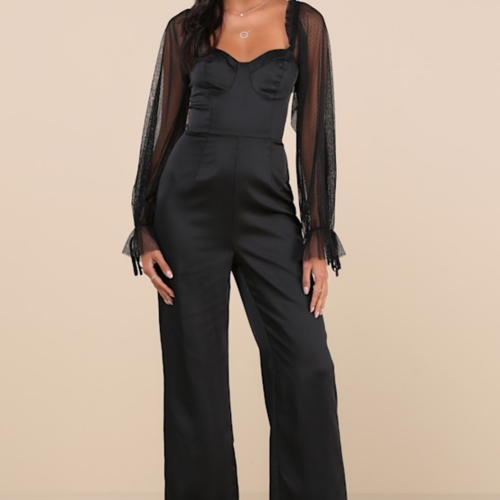 Lulus Gracefully Modern Black Satin Mesh Long Sleeve Bustier Jumpsuit - Size L